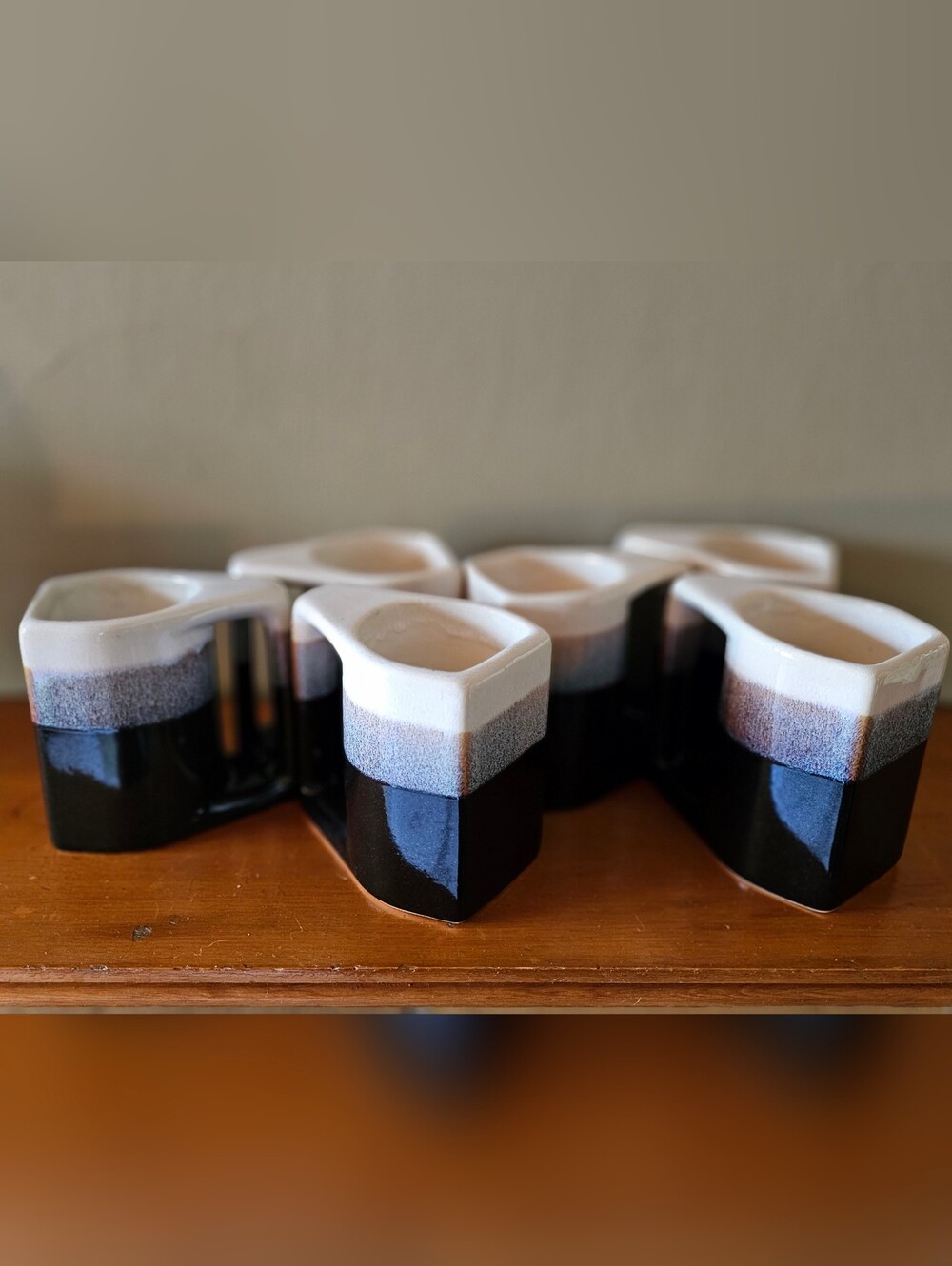 Rodolfo Padilla Signed MCM Stoneware Drip Black Glaze Coffee Mugs Set 6 Gorgeous